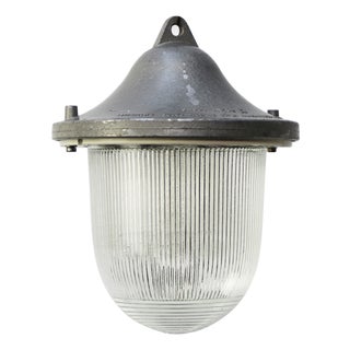 Mid-20th Century Gray Cast Aluminum Pendant Lamp with Striped Glass For Sale