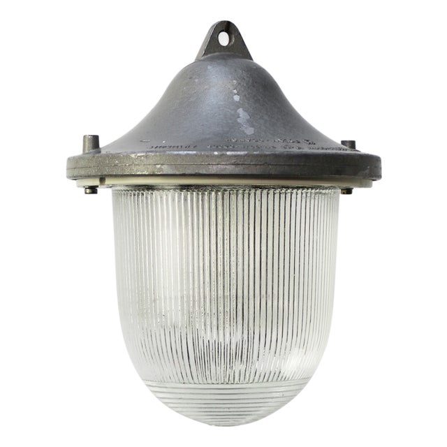 Mid-20th Century Gray Cast Aluminum Pendant Lamp with Striped Glass For Sale