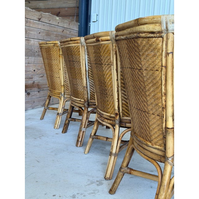 English Set of Four Vintage Rustic Rattan Dining Armchairs by Henry Link With Original Cushions For Sale - Image 3 of 12