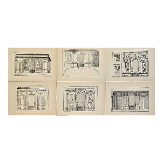 C1880s Set of 6-French Antique Architecture Interior Lithographs-Fireplaces, Documentation For Sale