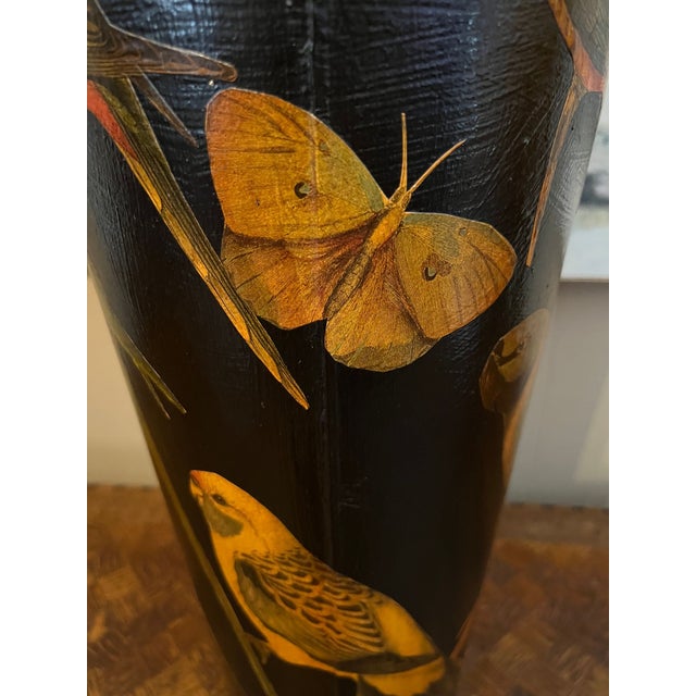 Vintage English Planter Jardiniere Urn Bird Decoupage Black Tole Aviary Décor For Sale - Image 17 of 18