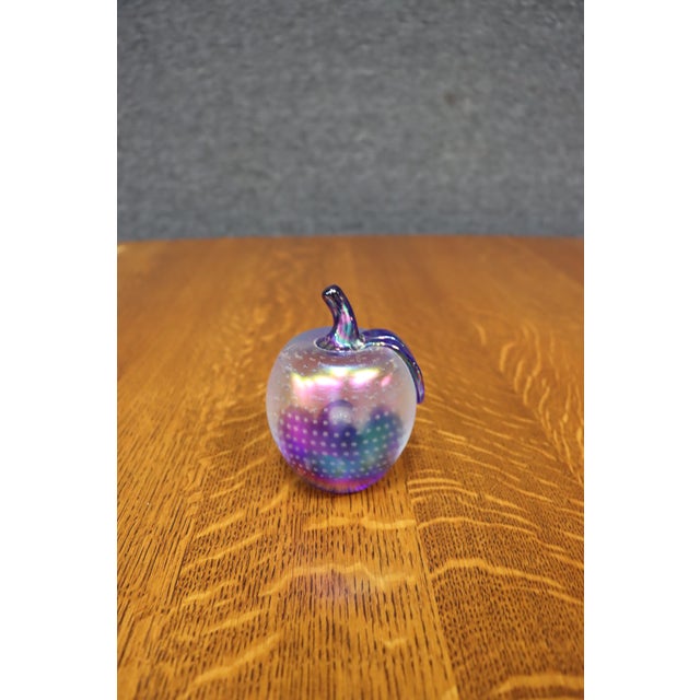 Glass Hand Blown Iridescent Frosted Art Glass Apple Paperweight Sculpture For Sale - Image 7 of 8