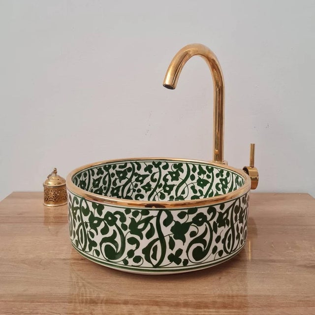 Art Deco Contemporary 14 Karat Gold Green Flower Washbasin with Brass Drain For Sale - Image 3 of 10