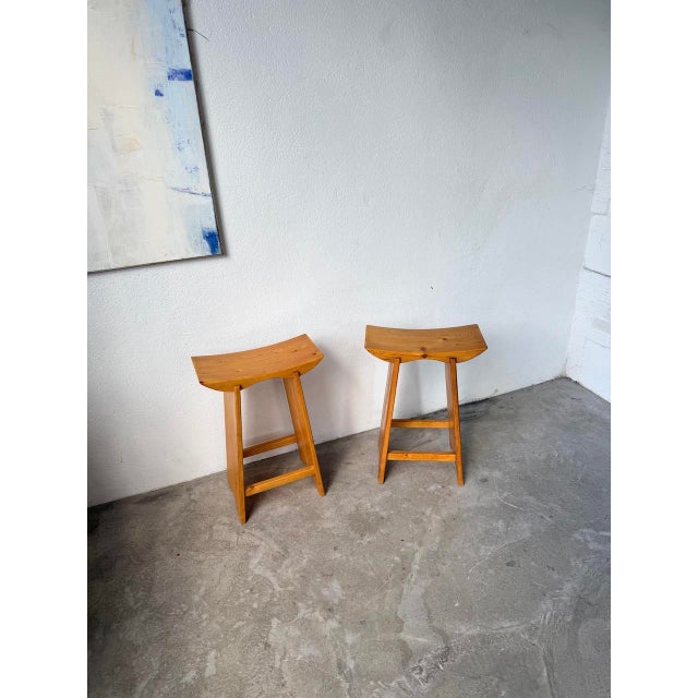 Wood Japanese Style Pine Stools, Scandinavia, 1950s, Set of 2 For Sale - Image 7 of 18