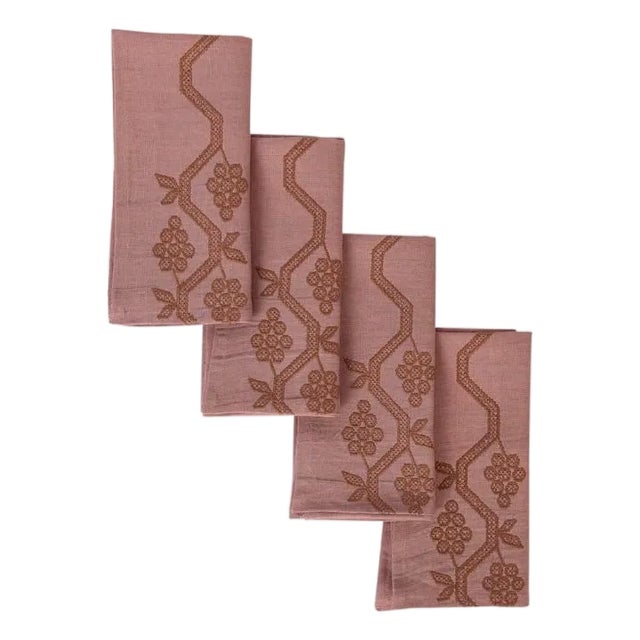 Sharland England Hand Embroidered Napa Napkins in Pink, Set of 4 For Sale