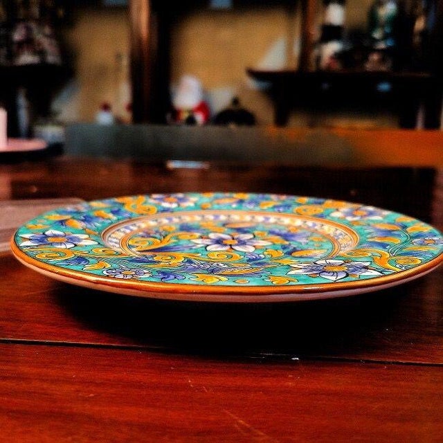 Vintage Majolica-Style Hand-Painted Ceramic Decorative Plate (Turquoise Floral Motif) For Sale - Image 4 of 5