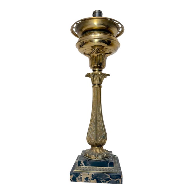 Antique Ornate Henry Hooper & Co. Electrified Brass Marble Astral Oil Table Lamp For Sale