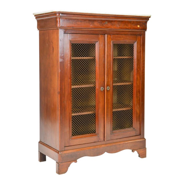 Louis Philippe Walnut Bookcase With White Marble Top For Sale