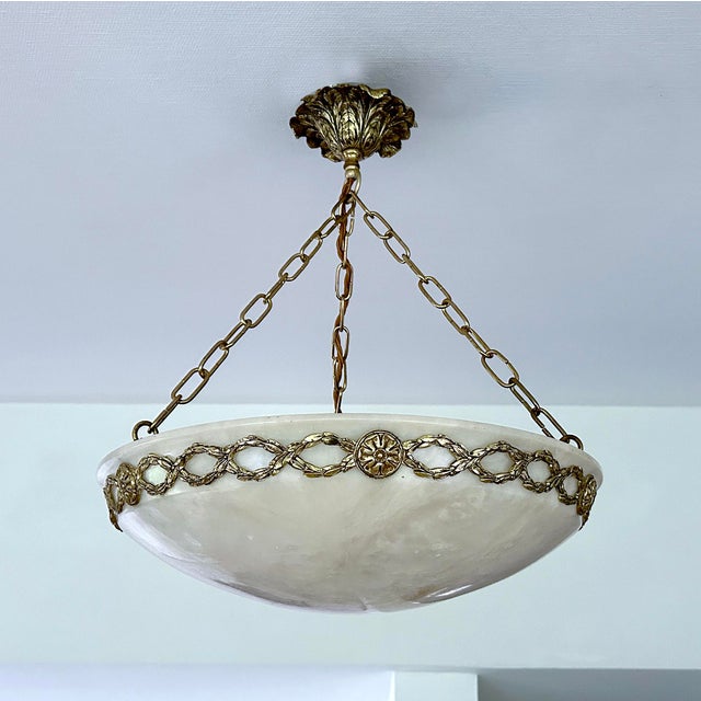 Stone French Art Deco Alabaster and Bronze Pendant Light, 1930s For Sale - Image 7 of 18
