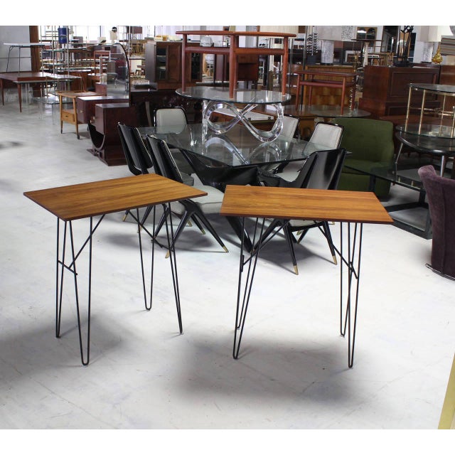 Pair Teak Tops End Side Console Tables Stands Pedestals Tall Wire Legs MINT!