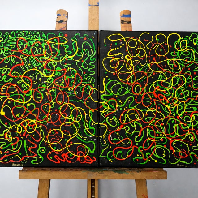Oksana Babala Neon Diptych – Abstract Oil Painting on Canvas – 2‑in‑1 Set For Sale - Image 15 of 17