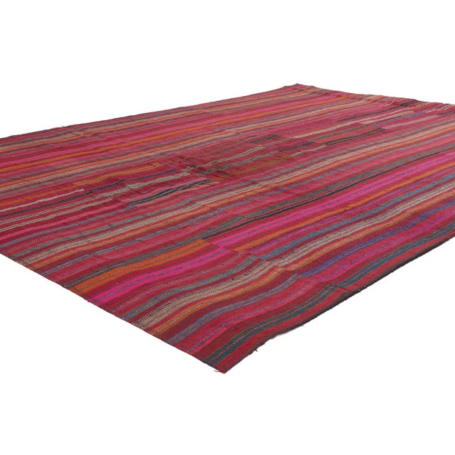 60812 Distressed Vintage Turkish Striped Kilim Rug, 05'05 x 07'06. Weathered charm and rugged beauty converge in this...