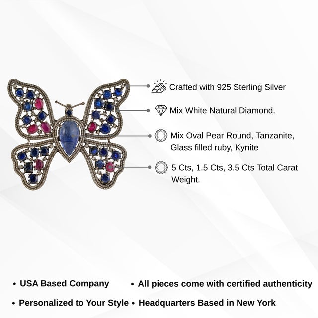 Boho Chic 10Ct Multi Gem & Diamond Butterfly Statement Brooch Pin Pendant in 925 Silver For Sale - Image 13 of 15