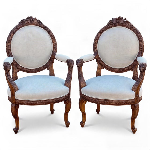 19th-C. French Neo-Classical Carved Walnut Bergere Chairs With Rams - Pair For Sale - Image 11 of 12
