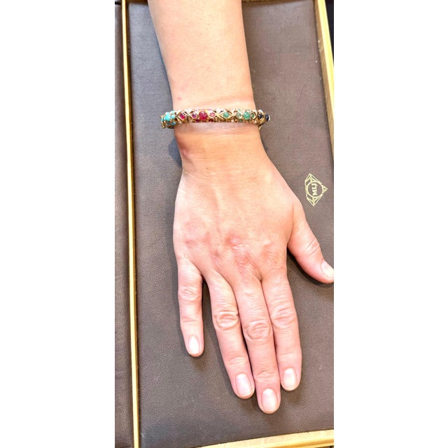 Natural Turquoise Emerald Ruby Sapphire pearl Bangle in 14 Kt Yellow Gold 41 Gm For Sale - Image 14 of 18