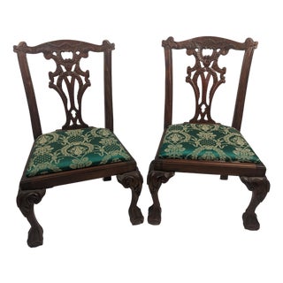 Pair of Antique Carved Wood Chippendale Style Side Chairs With Green Brocade Seats For Sale