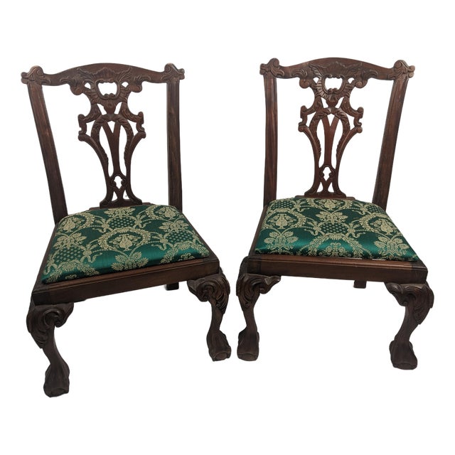 Pair of Antique Carved Wood Chippendale Style Side Chairs With Green Brocade Seats For Sale