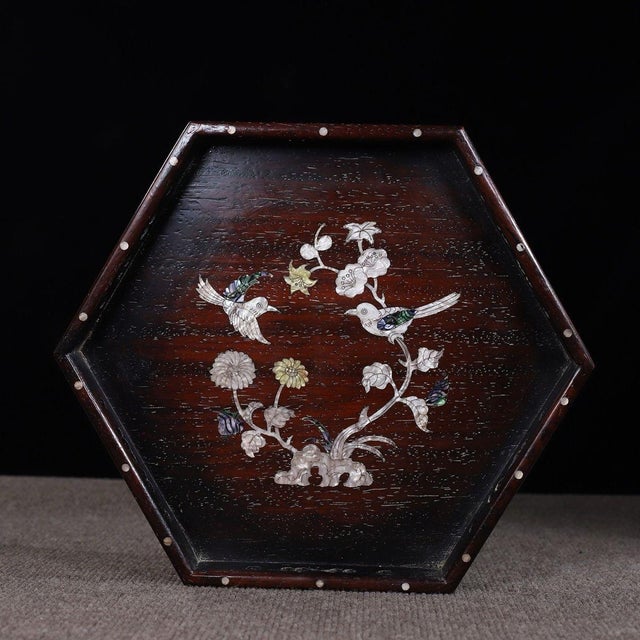 This is an elegant and intricately crafted vintage hexagonal tray, made from Zitan wood (purple sandalwood) and decorated...