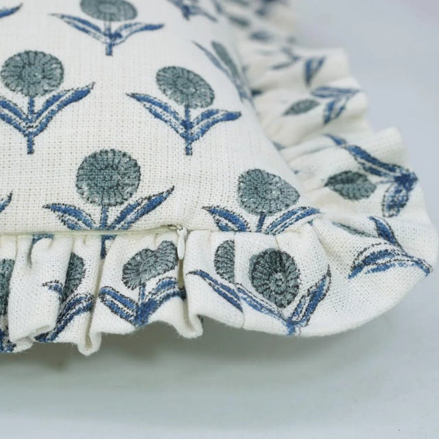 Fabdivine Indian Block Print Frill Cushion Cover Blue 20x20 Inch Off-White Linen- Gendapushp For Sale - Image 4 of 5