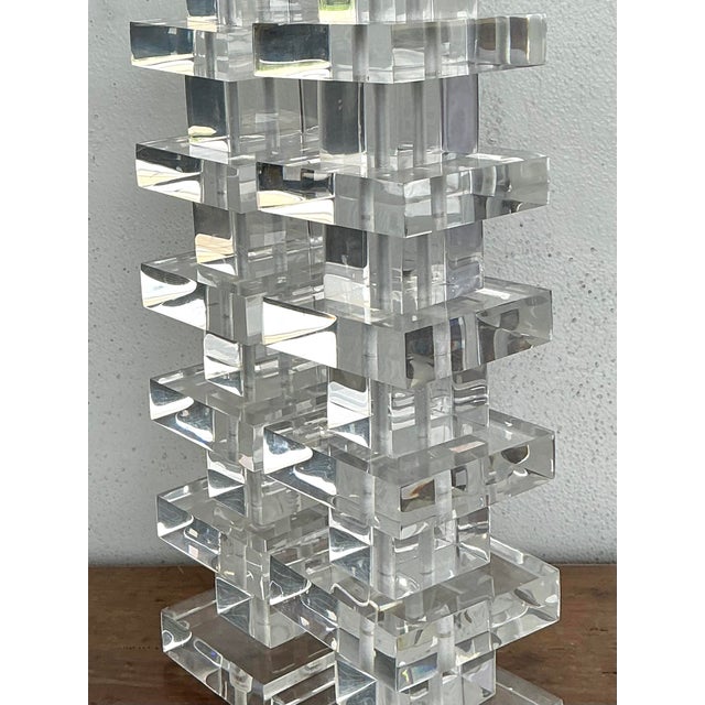 Metal Vintage Stacked Lucite Blocks Lamps - A Pair For Sale - Image 7 of 12