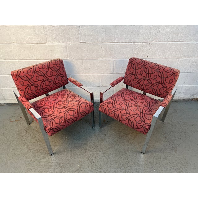 Mid-Century Modern Mid 20th Century Attributed to Milo Baughman for Thayer Coggin Flat Bar Chrome Lounge Chairs For Sale - Image 3 of 10