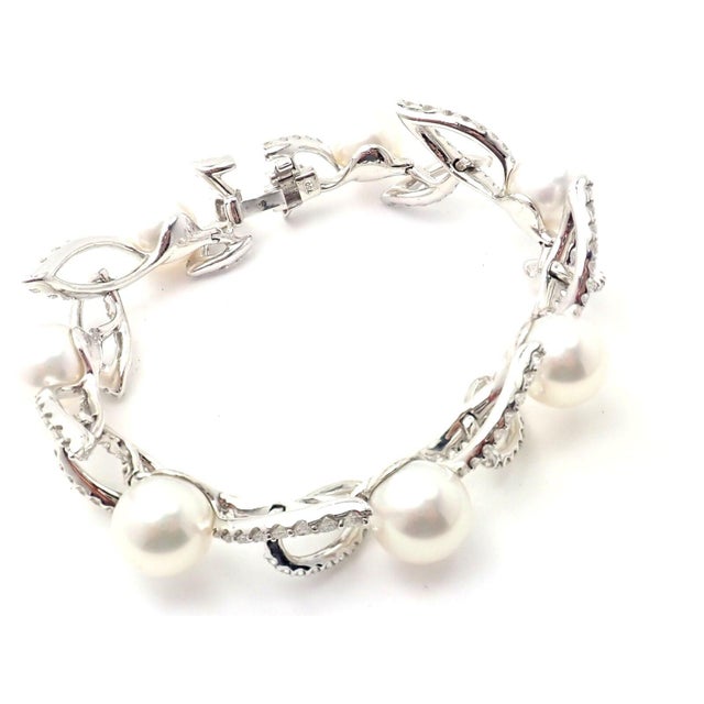 Mikimoto 18k White Gold 7ct Diamond 12mm Pearl Bracelet For Sale - Image 9 of 11