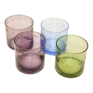 Set of Four Vintage Drinking Colored Crystal Glasses With Etched Design