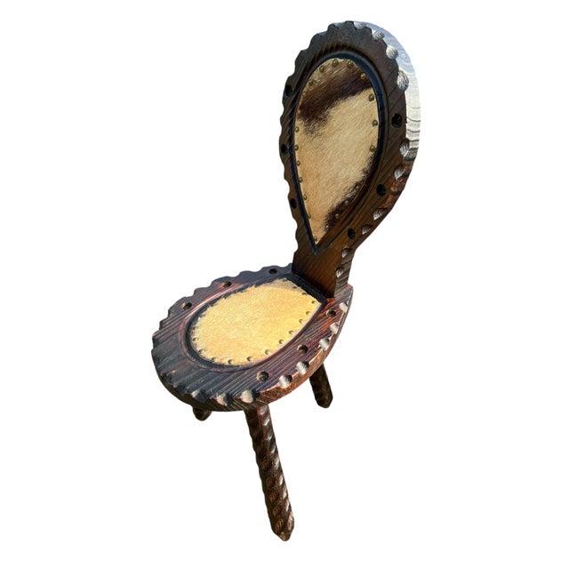 Set of Spanish Tripod Birthing Chair and Ottoman with Goatskin, 1960s For Sale - Image 11 of 12