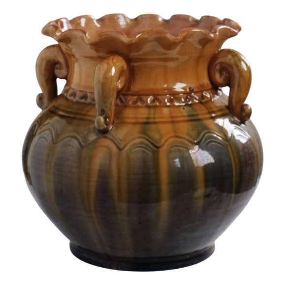 Scalloped Ceramic Vase with Curled Handles from Latvia, 1960s For Sale