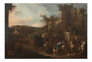 Pietro Domenico Olivero, Market Scene, Oil Paint on Canvas, 18th Century