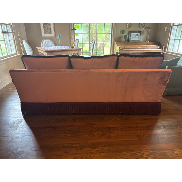 Dusty Rose Velvet Sofa With Samuel & Sons Burgundy Brush & Bullion Fringe Trim For Sale - Image 4 of 10