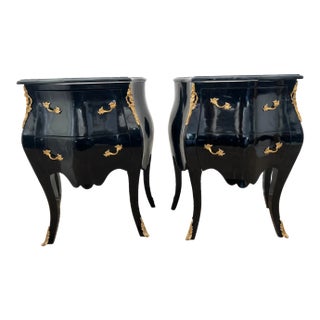 Vintage Pair French Nightstand Tables Two Drawers Black Lacquer Marble, Ormolu For Sale