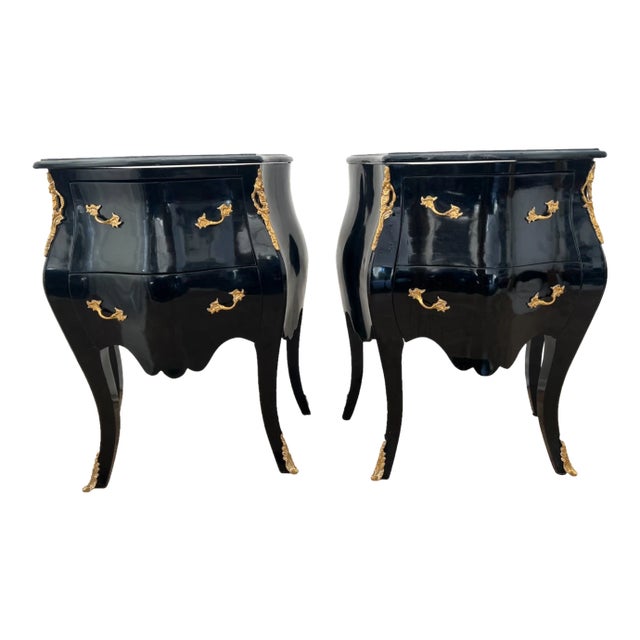 Vintage Pair French Nightstand Tables Two Drawers Black Lacquer Marble, Ormolu For Sale