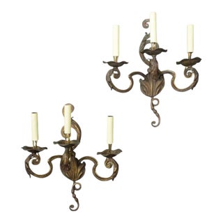 Pair of French Gilt Wrought Iron Three-Arm Wall Sconces, Louis XV Style, 1920s For Sale