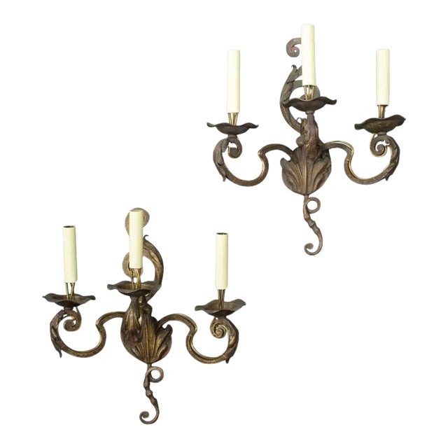 Pair of French Gilt Wrought Iron Three-Arm Wall Sconces, Louis XV Style, 1920s For Sale
