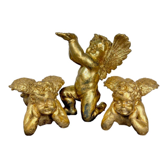 Set of 3 Vintage Hollywood Regency Gilded Cherub Putti Sculptures - Cast Composite Angels For Sale