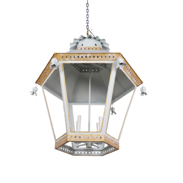 Vintage French Chinoiserie Three-Tier Pagoda-Shaped Metal Chandelier, White, Light Blue, and Gold For Sale - Image 10 of 11