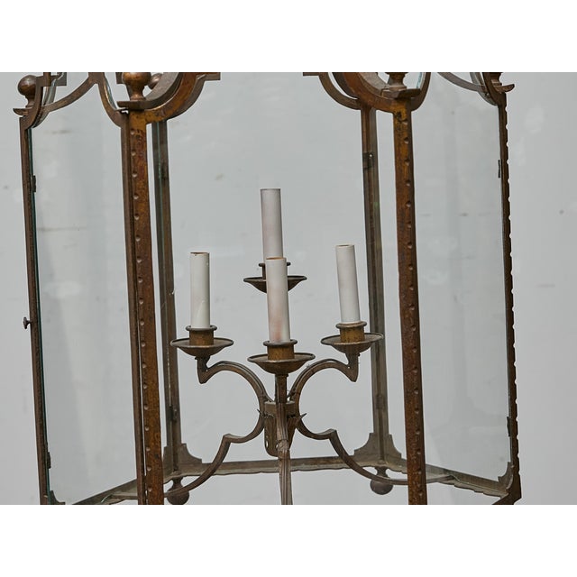 Brown Tall French Wrought Iron Lantern With Glass Panels and Scroll Detailing - 1900s For Sale - Image 8 of 18