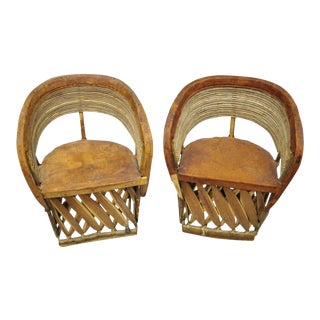 Vintage Mexican Equipable Brown Leather & Branch Wood Barrel Club Chairs- A Pair For Sale