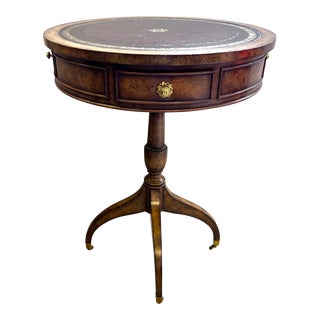 Maitland Smith Small Round Leather Top Pedestal Drum Table For Sale