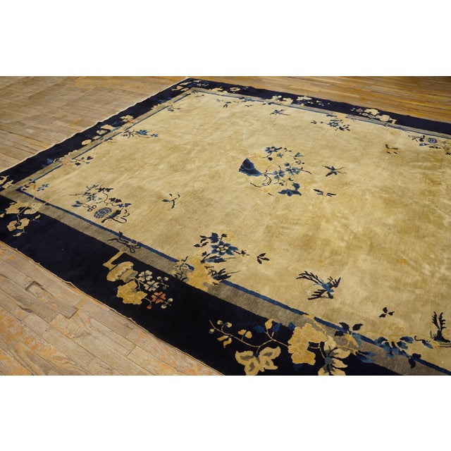 1920s Beige Cream Antique Floral Vase Deco Chinese Peking Knotted Wool Rug For Sale - Image 9 of 11