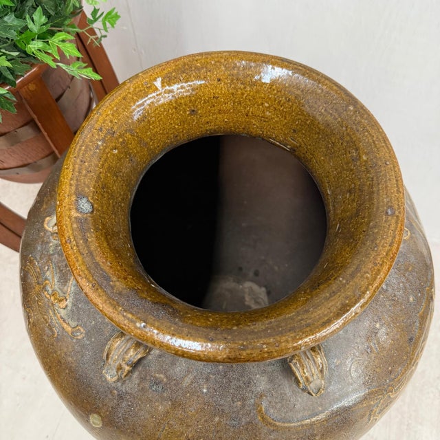 Rustic Brown Yellow Storage Water Jar Vessel with Small Handles For Sale - Image 3 of 8
