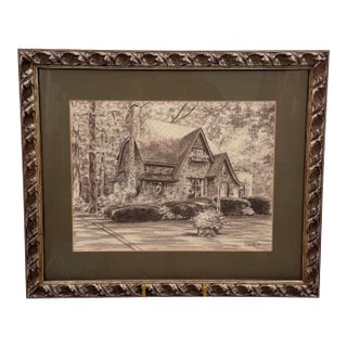 Vintage Signed Pencil Drawing Storybook English Cottage Framed 1989 For Sale