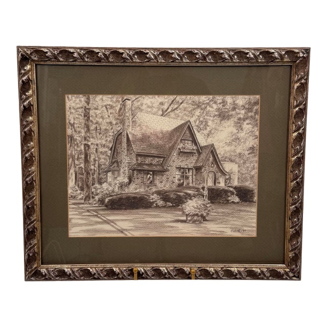 Vintage Signed Pencil Drawing Storybook English Cottage Framed 1989 For Sale