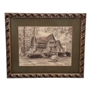 Vintage Signed Pencil Drawing Storybook English Cottage Framed 1989