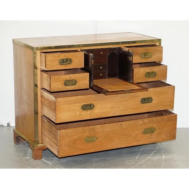 Solid Oak & Brass Military Campaign Chest of Drawers with Secretaire Desk, 1880s For Sale - Image 15 of 18
