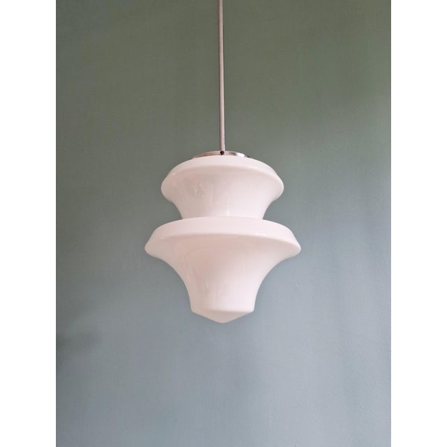Bauhaus Large Art Deco Pendant Light in White Opaline, 1920s-1930s For Sale - Image 3 of 12