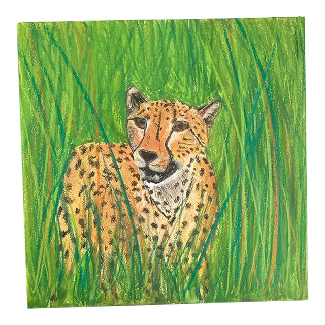 “Cheetah in the Grass” Folk Art Style Drawing For Sale