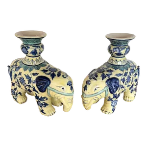 Early 20th Century Chinese Export Blue and White Elephant Candle Stick Holders - a Pair
