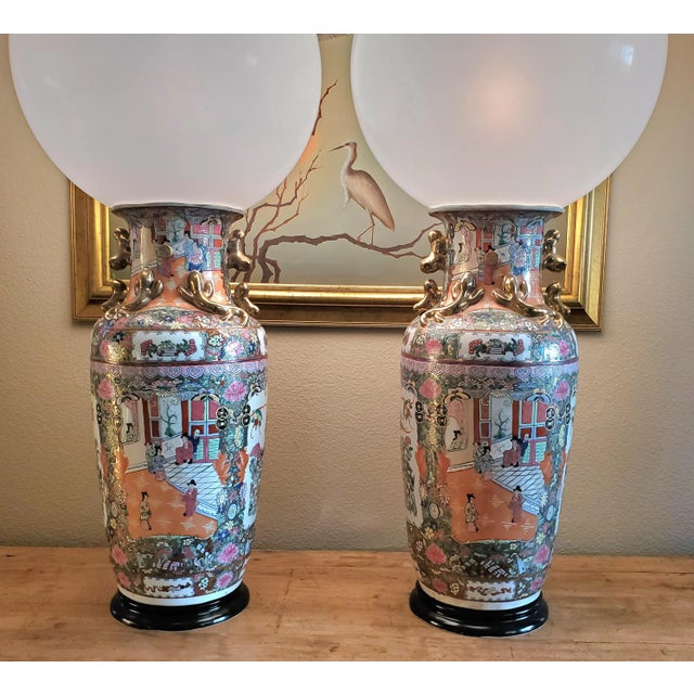 Wood Pair of Large Table Lamps Rose Medallion 19th Century Porcelain Palace Vases Custom Made Globe Lamps For Sale - Image 7 of 12